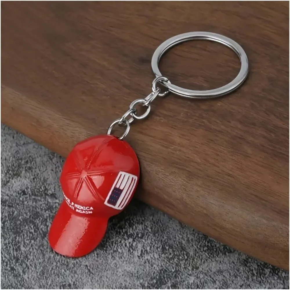 NWT Baseball Cap Keychain Metal Key Chain American Flag Red MAGA NWT